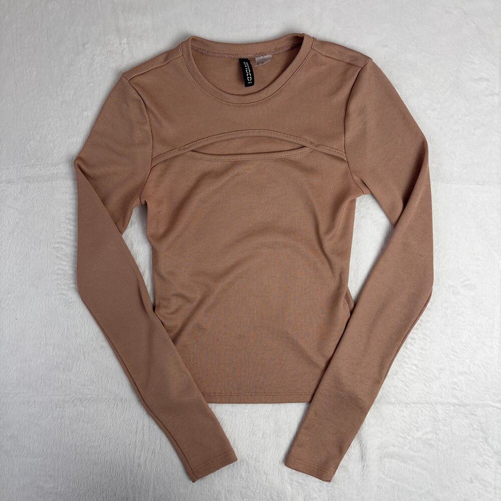 H&M Divided Cut-Out Ribbed Top Women's XS Tan Long Sleeve Casual Chic Street Y2K